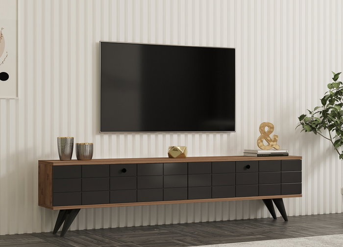 Hanah Home Soporte de TV 160cm Pino Atlántico y Antracita con Puerta Madera Maciza y Estantes para Salón